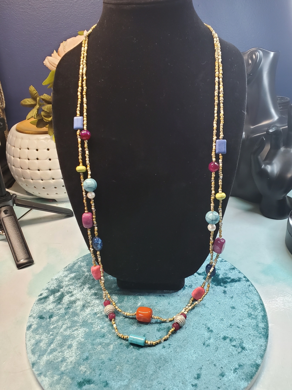 Chico's Gold Multi-Bead Statement Necklace - Pink & Blue Accents